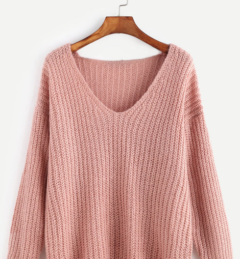 Pink Ribbed Knit V Neck Drop Shoulder Sweater