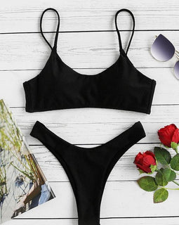 Spaghetti Strap Top With High Leg Bikini Set