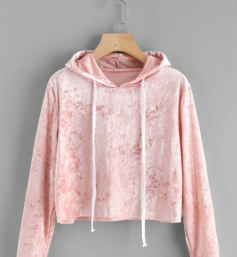 Velvet Drawstring Crop Hoodie