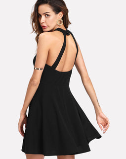 Mesh Yoke Open Back Skater Dress