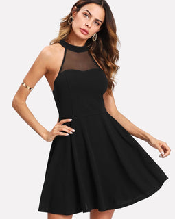 Mesh Yoke Open Back Skater Dress