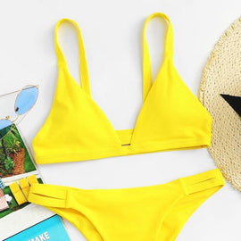 Seam Trim Plunge Top With Cut Out Bikini Set