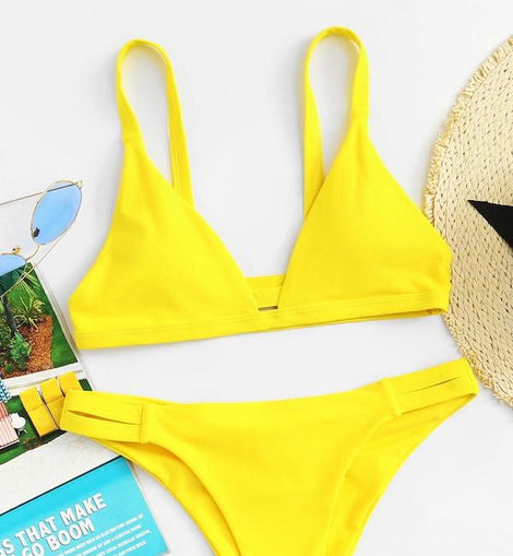 Seam Trim Plunge Top With Cut Out Bikini Set