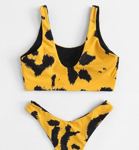 Brush Print Scoop Top With High Leg Bikini Set