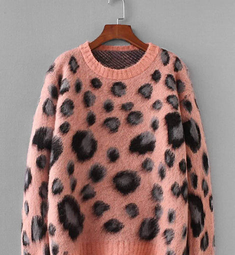 Leopard Pattern Drop Shoulder Mohair Jumper