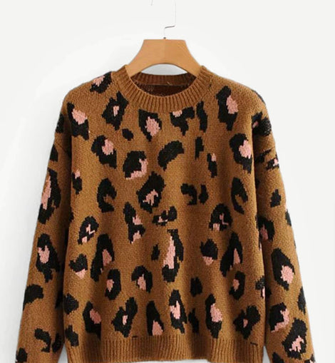 Drop Shoulder Leopard Print Sweater