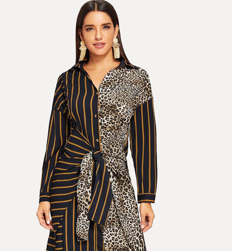 Knot Detail Leopard Print Shirt Dress