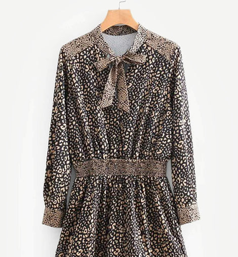 Tie Neck Leopard Print Ruffle Hem Dress