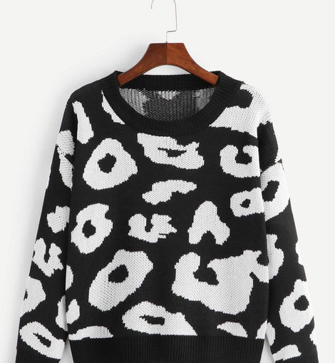 Drop Shoulder Leopard Print Sweater