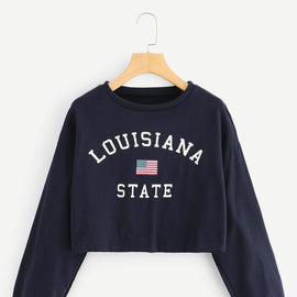 Letter And Flag Print Crop Sweatshirt