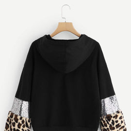 Drop Shoulder Leopard Print Drawstring Hoodie