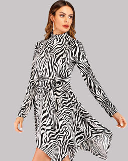 Zebra Print High Neck Asymmetrical Hem Dress