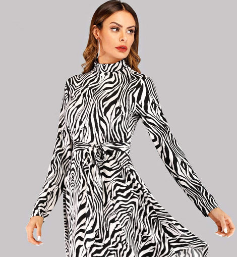 Zebra Print High Neck Asymmetrical Hem Dress