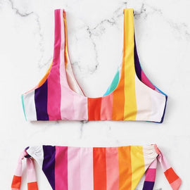 Striped Knot Front Top With Tie Side Bikini