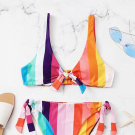 Striped Knot Front Top With Tie Side Bikini