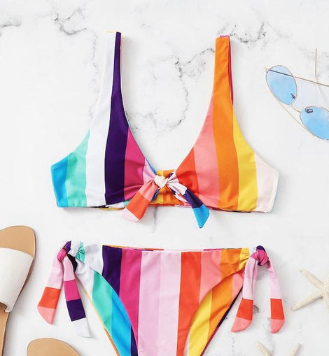Striped Knot Front Top With Tie Side Bikini