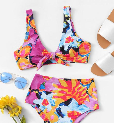 Random Floral Top With High Waist Bikini Set
