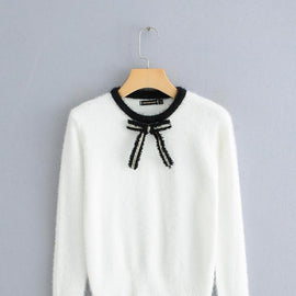 Bow Front Contrast Trim Fuzzy Jumper