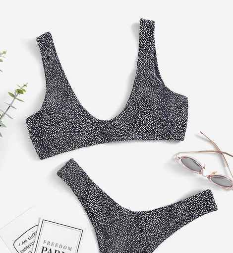 Random Dot Print Top With High Leg Bikini Set