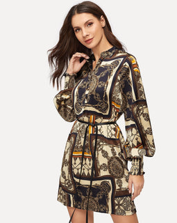 Scarf Print Self Tie Shirt Dress