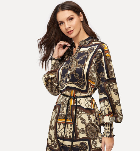 Scarf Print Self Tie Shirt Dress