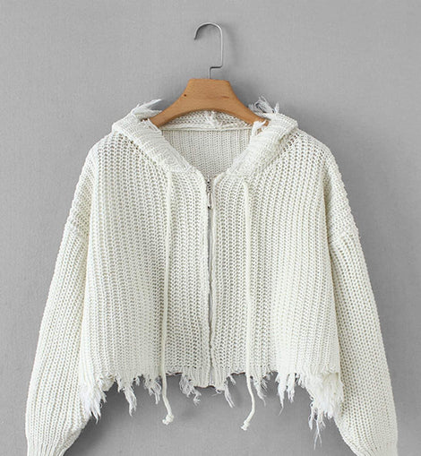 Frayed Hem Drawstring Hooded Sweater