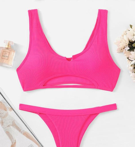 Neon Pink Cut-Out Top With Tanga Bikini