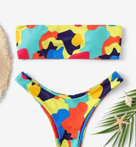 Random Graphic Print Bandeau With High Leg Bikini
