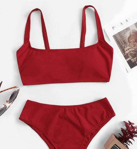 Scoop Neck Top With High Waist Bikini Set