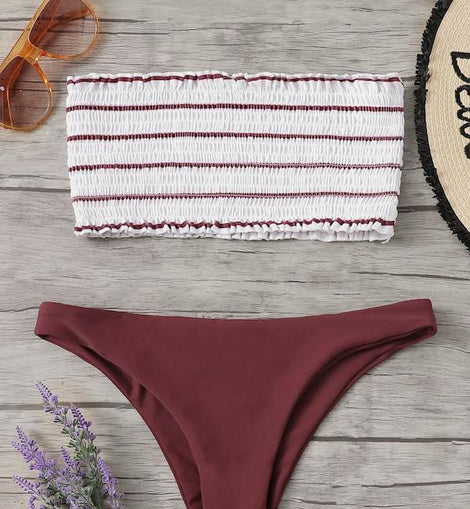 Random Striped Shirred Bandeau With Hipster Bikini