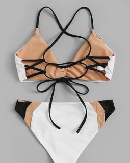 Lace-Up Back Top With Color-Block Bikini