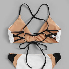 Lace-Up Back Top With Color-Block Bikini