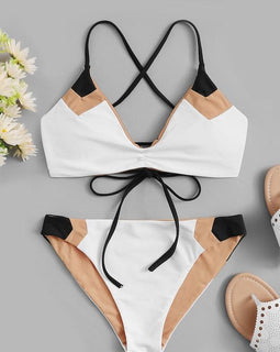 Lace-Up Back Top With Color-Block Bikini